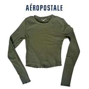 CROPPED LONG SLEEVE TOP RIBBED ARMY GREEN SHIRT